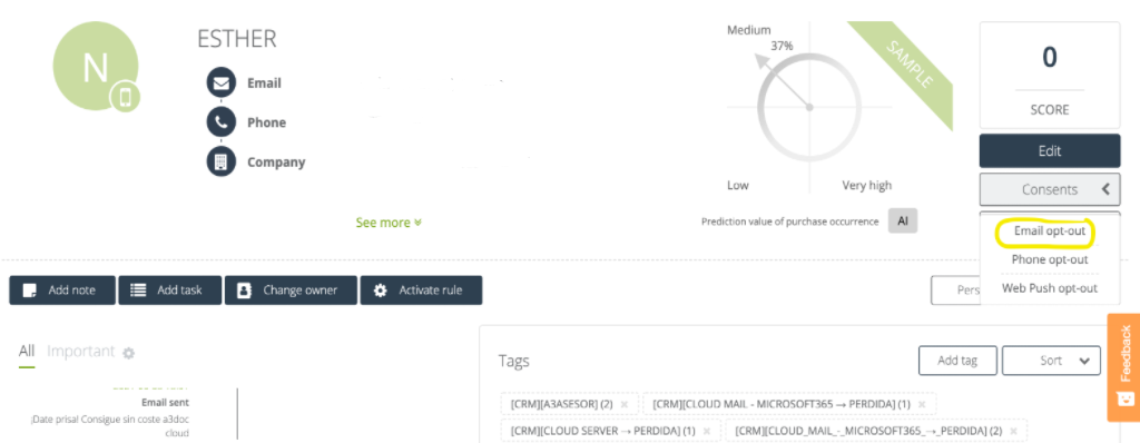 Consentimiento Email opt-out en la ficha de contacto de Salesmanago