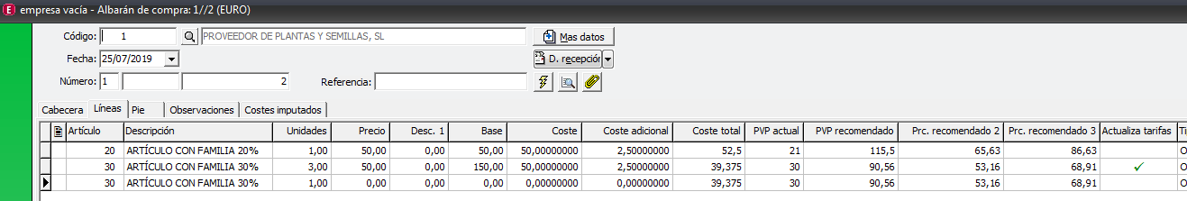 Líneas de un albarán de compra con las columnas Coste total, PVP actual, PVP recomendado, Prc. recomendado 2 y 3, y el check Actualiza tarifas