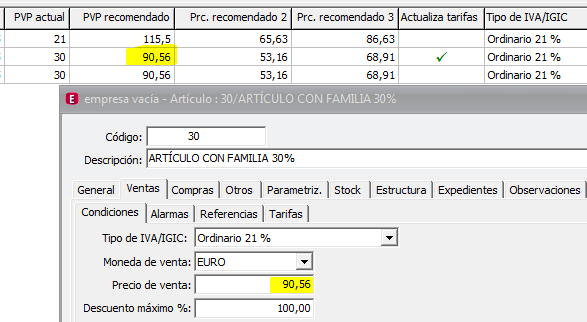 Comparativa entre el PVP recomendado de la línea del albarán y el precio de venta de la ficha del artículo, ambos con el mismo valor