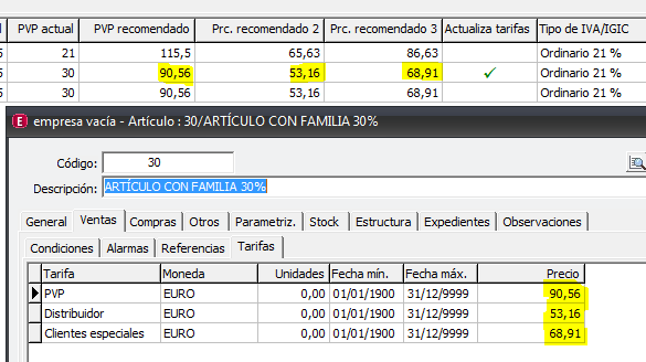 Comparativa entre los precios recomendados de la línea del albarán y los tramos de tarifa de la ficha del artículo