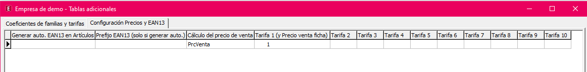 Pantalla Configuración Precios y EAN13 con los campos Generar auto. EAN13 en Artículos y Prefijo EAN13