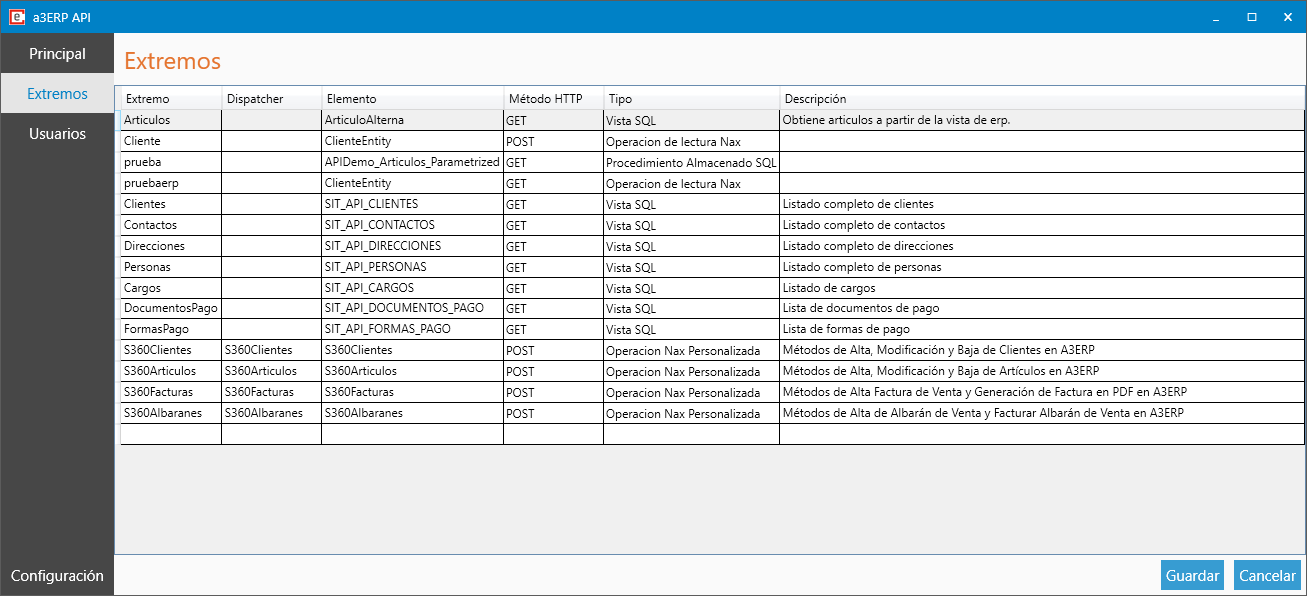 Pantalla de gestión de extremos en la configuración de la API