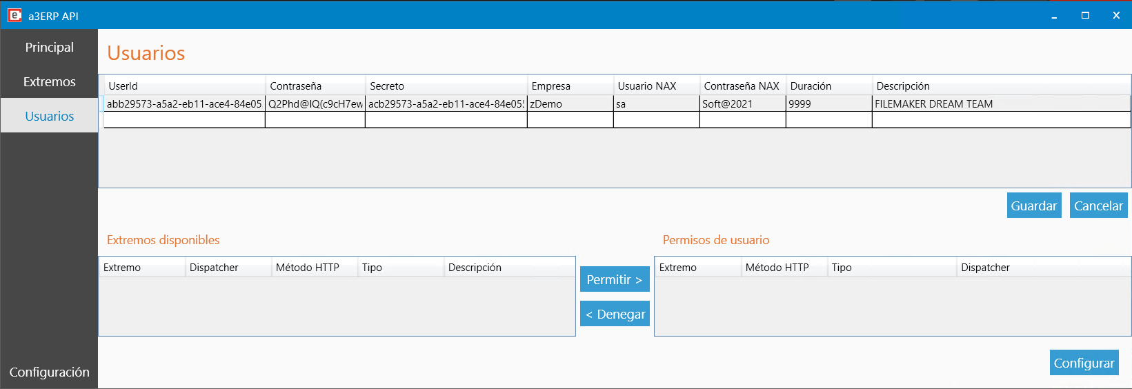 Pantalla de gestión de usuarios en la configuración de la API