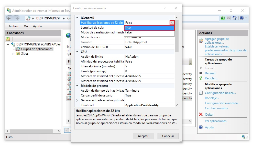 Opción «Habilitar aplicaciones de 32 bits» en True