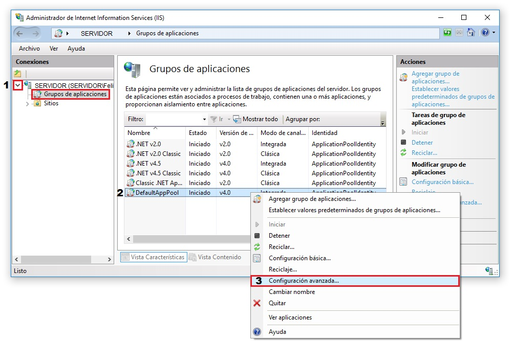 Abrir la configuración avanzada del grupo de aplicaciones