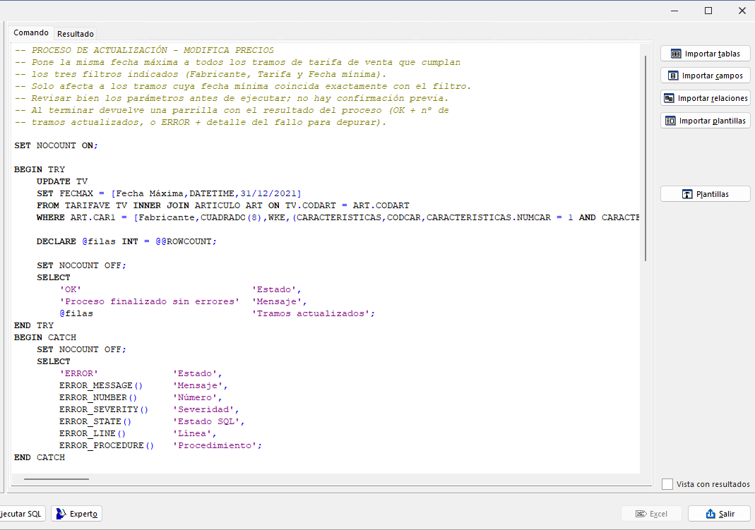 Editor de Vistas personalizadas con una vista de proceso que aplica el patrón TRY/CATCH
