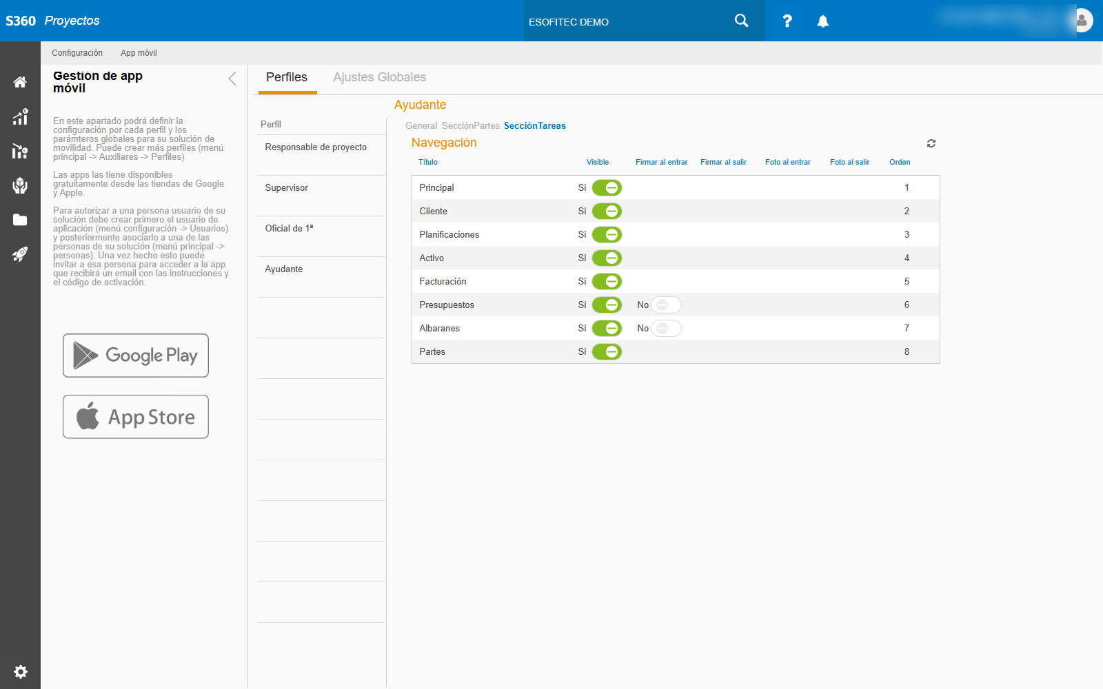 App Config · Sección Tareas