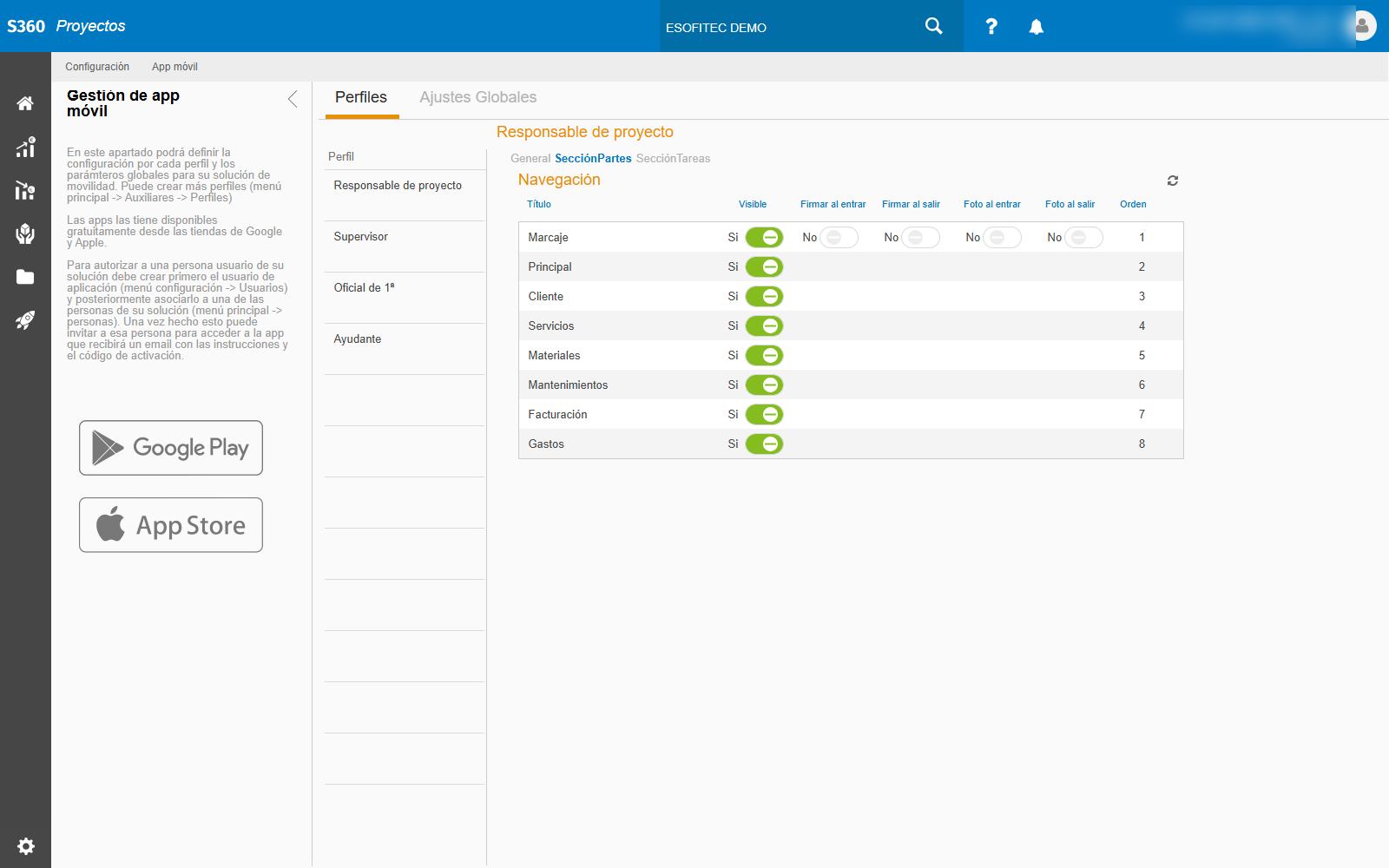 App Config · Sección Partes