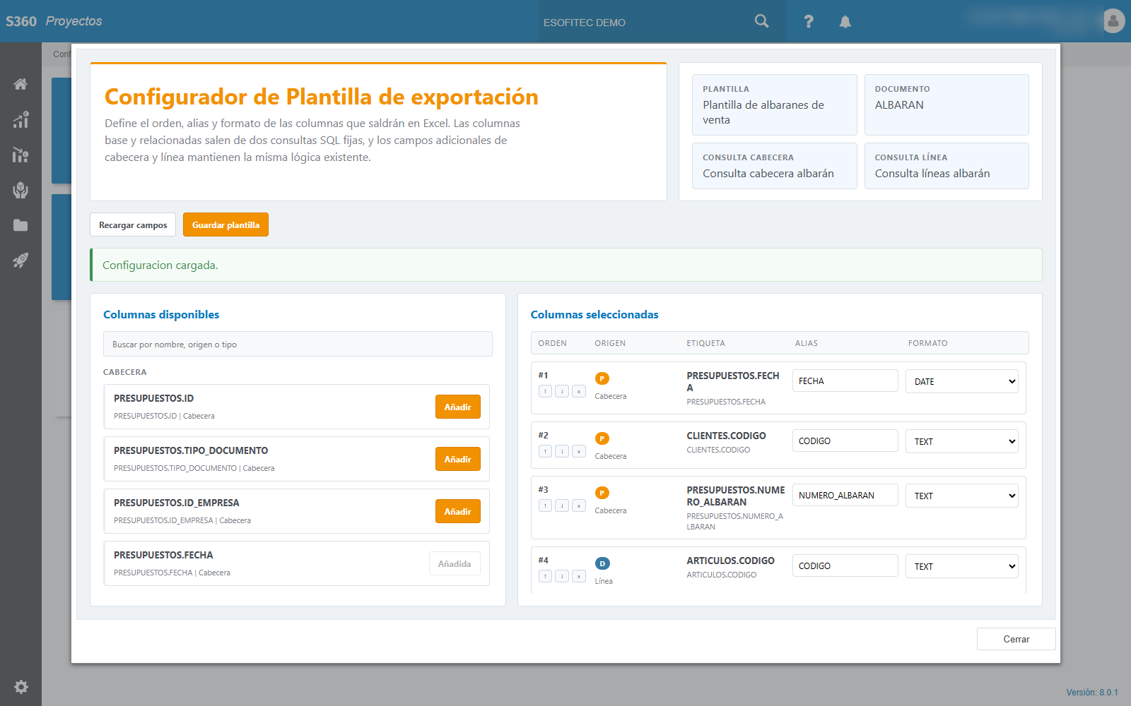 Configurador de plantilla de exportación