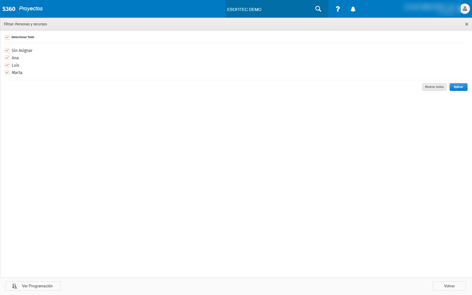 Panel de filtros de personas y recursos